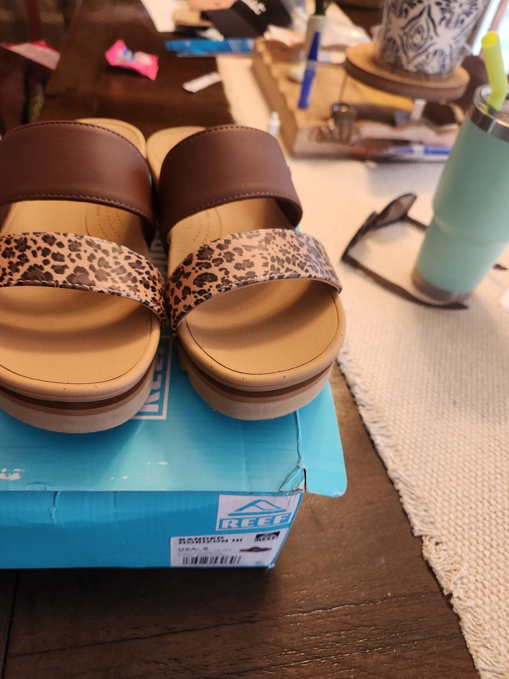 Reef Women's Two-Band Slide Sandals in Brown with Leopard Strap